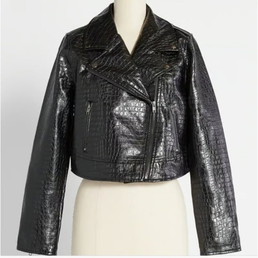 Modcloth Faux Leather Moto Jacket Size Medium New Black Crocodile Bikercore